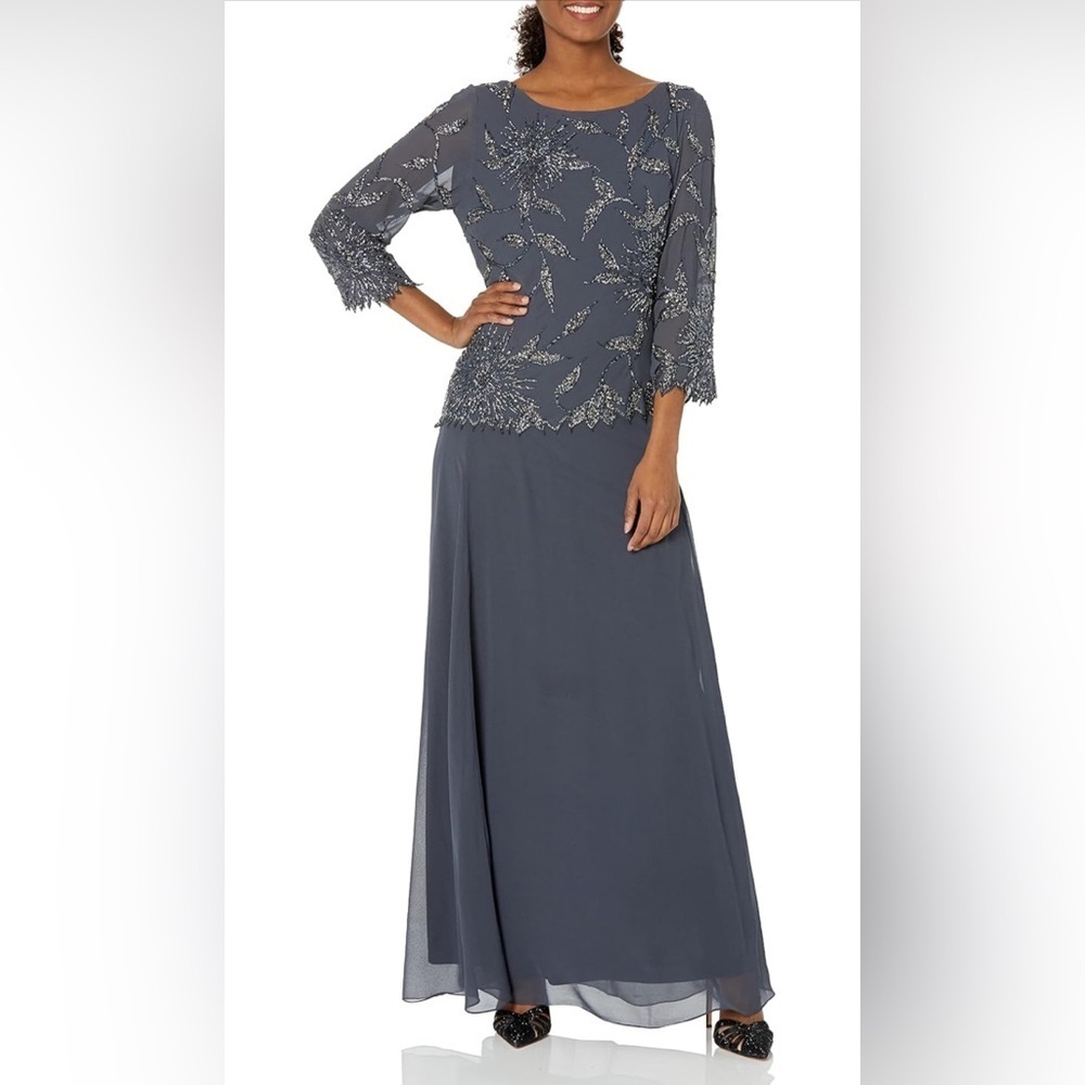 Kara Women's Scoop Neck Line with 3/4 Sleeve Beaded Top Long Dress